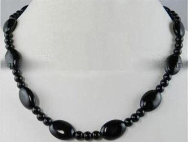 

natural black oval 13x18mm & round 6mm stone beads necklaces 17, Silver
