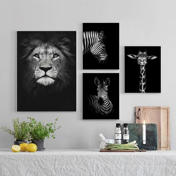 

nordic canvas art painting black white giraffe elephant zebra lion print animal wall art poster living room home decor painting