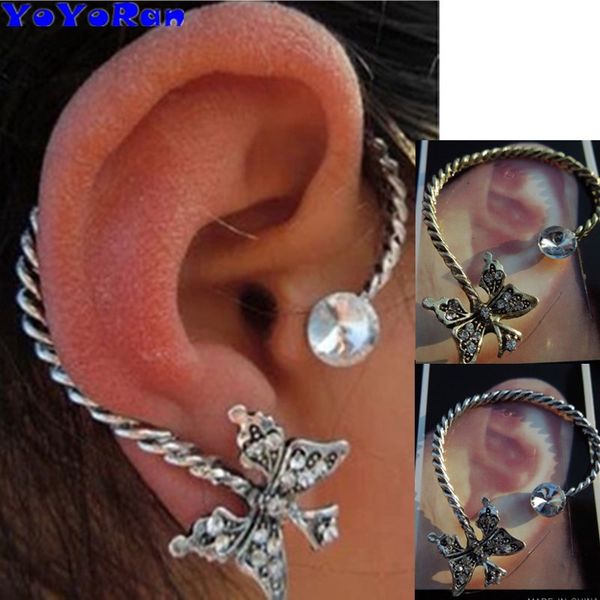 

yoyoran 12pc punk crystal butterfly ear cuff clip earring for woman gothic rhinestone insect butterfly ear hang hook jewelry, Silver