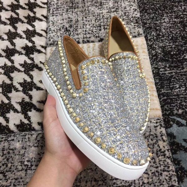 

gentleman party wedding luxury designer glitter leather gold studs loafers for red bottom pik boat spikes oxford walking with box, Black