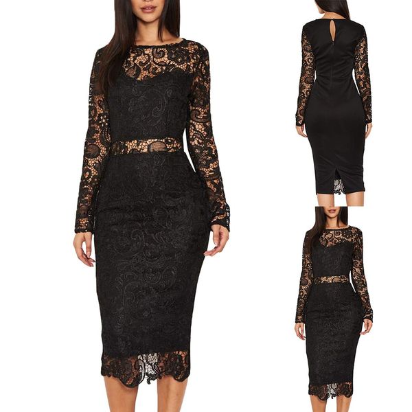 

winter dress women dresss ladies long sleeve party lace sleeve hollow out plus size dress vestidos ropa mujer sukienki, Black;gray