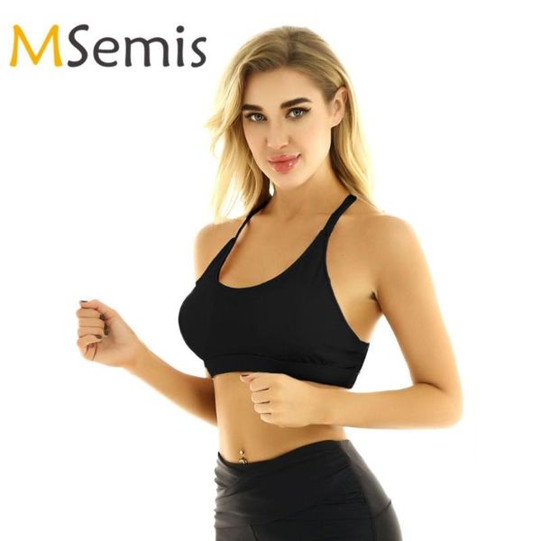 

womens gymnatics yoga u neckline strappy open back sportswear medium support padded bra for yoga sports and daily life, White;red