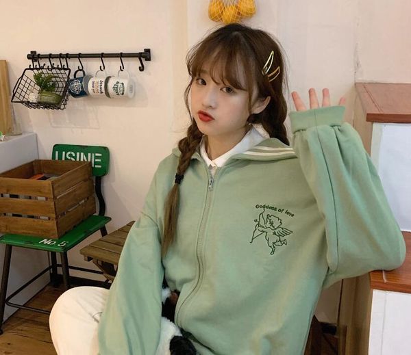 

autumn new women cartoon hoodies long sleeve loose zip-up sweatshirt, Black
