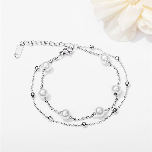 

stainless steel artificial pearl silver rose gold color charm chain bracelet elegant fashion jewelry gift for women, Black