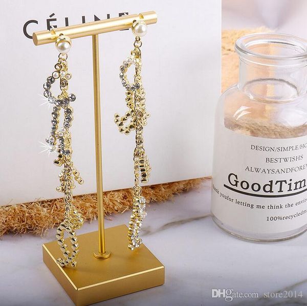 

new with rhinestone and pearl letter tassel earrings 925 silver needle for lady design women bling bling party wedding jewelry for bride