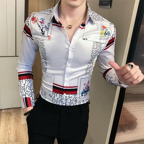 

2020 new luxury royal shirt korean style men baroque floral print manche longue slim fit male casual dress shirt -3xl, White;black