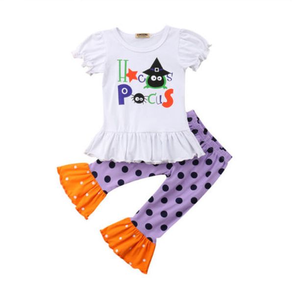 

halloween infant baby girls kids clothes set short sleeve t-shirt polka dot loose pants outfits clothes set, White