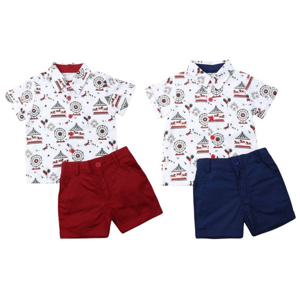 

2019 summer toddler baby boy clothes merry-go-round print shirt short pants 2pcs outfits formal gentleman suit clothes, White