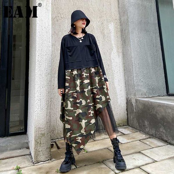 

eam] women black camouflage mesh split big size dress new round neck long sleeve loose fit fashion spring autumn 2020 1t076, Black;gray