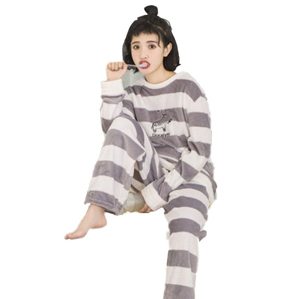 

2019 new women pajamas set thick flannel winter warm female pyjama long sleeve cartoon two piece pajamas animal, Blue;gray