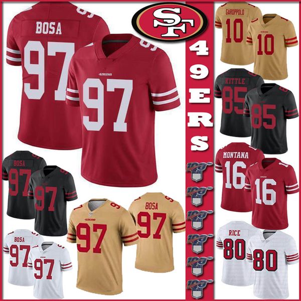 

97 nick bo a an franci co men jer ey 49er 10 jimmy garoppolo 85 george kittle 16 joe montana 80 jerry rice titched jer ey, Black;red