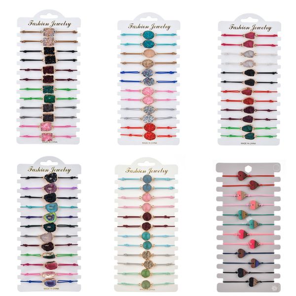 

12pcs/lot handmade woven rope chain bracelet set irregular glitter druzy charms bracelets for women fashion elastic cuff jewelry, Golden;silver