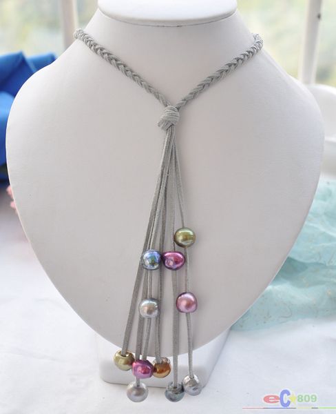 

d0074 28" 13mm multicolor baroque pearl handwoven leather chain, Silver