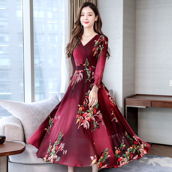 

2019 early autumn flower print women chiffon long dresses office lady v-neck floral sashes plus size designs temperament dress, Black;gray