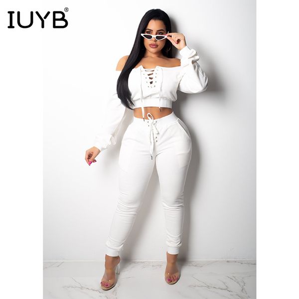 

iuyb весна 2019 новые сексуальные женщины 2-х частей твердые тощие наборы леди slash-образным вырезом полный рукав выдалбливают bodycon длин, White