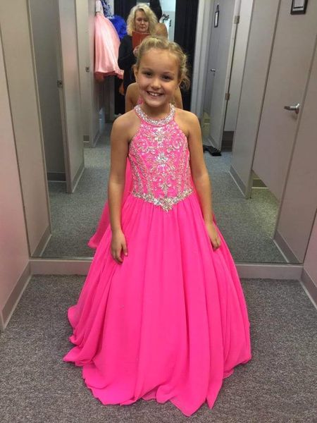 

2020 pretty fuchsia beaded crystals girls pageant dresses a line halter neck kids celebrity evening prom party gowns custom made gw018, White;red