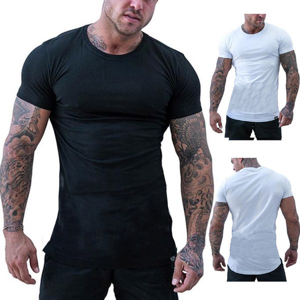 

t shirt men 2020 leisure summer o-neck short sleeved cotton stretch lycra tight tees men's black white slim camisetas men tshirt, White;black