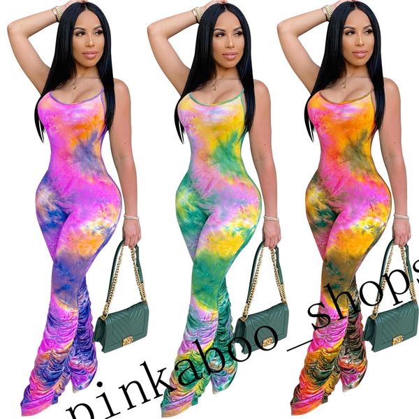 

новое прибытие лета tie-dye женщины комбинезон sexy жилет ruffled комбинезоны леггинсы мода дамы тонкий сиамские брюки цельные брюки ly615, White