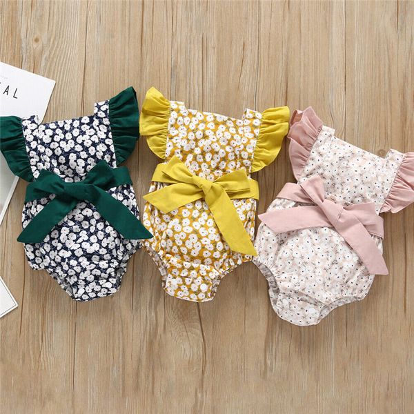 

2019 0-24m floral bodysuit for baby girls kids clothes infant clothing toddler outfit ruffle sleeve jumpsuit knot bodysuit, Blue