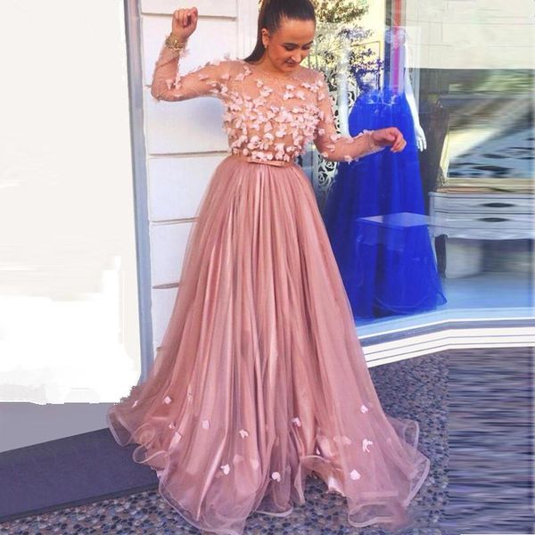 

blush pink prom dresses 2019 fashion illusion bodice 3d appliques long sleeve a line evening party gowns customize plus size, Black