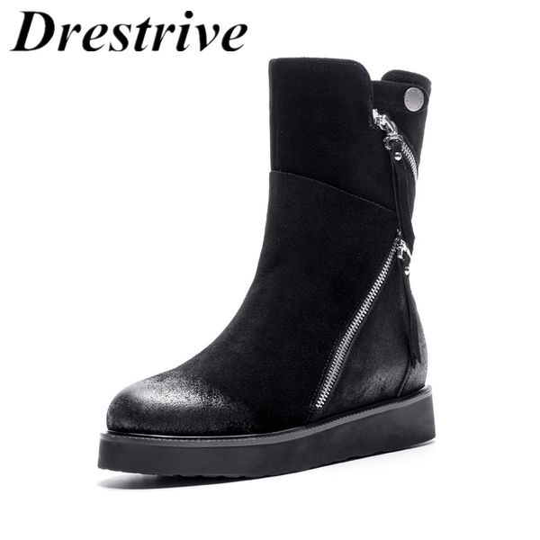 

drestrive women mid calf boots cow suede zipper fashion ladies winter shoes flat with heel platform big size 34-43 round toe, Black