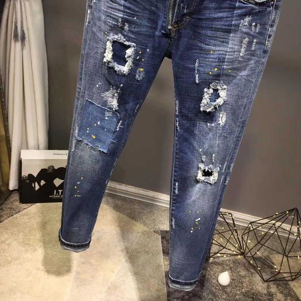 

19aw бутик прилив бренда мужские дизайнерские джинсы тенденции моды бренд мужские джинсы высокого класса классические промытый отверстие слу, Blue