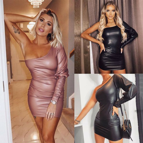 

2020 women one shoulder pu leather bodycon prom evening cocktail clubwear party dress, Black;blue