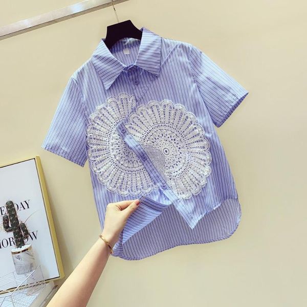 

2020 summer fashion womens turn down collar beading lace patchwork stripe shirt short sleeves blouses shirts a2690, White
