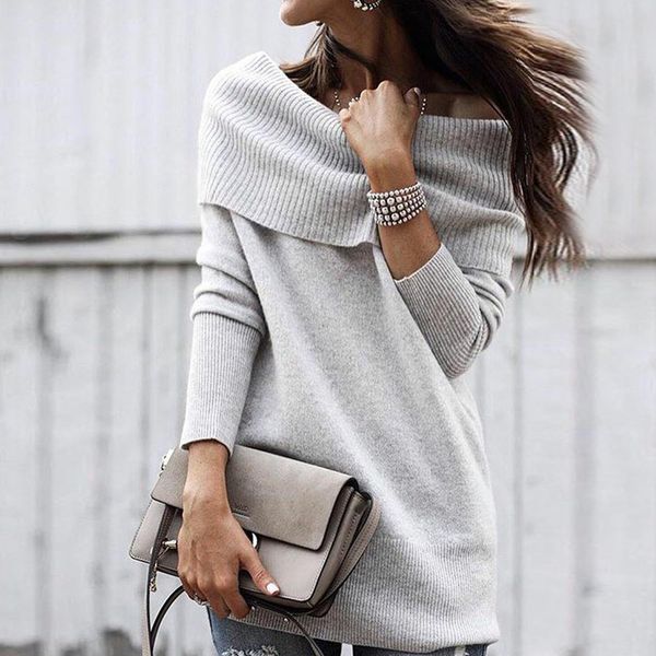 

fall winter slash neck sweater dress elegant off shoulder knit pullover sweaters solid color long sleeve dresses vestidos, White;black
