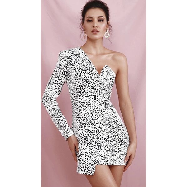

платье партии leopard короткие юбки одно плечо с длинным рукавом sexy верхней части пробки талии платье, White;black