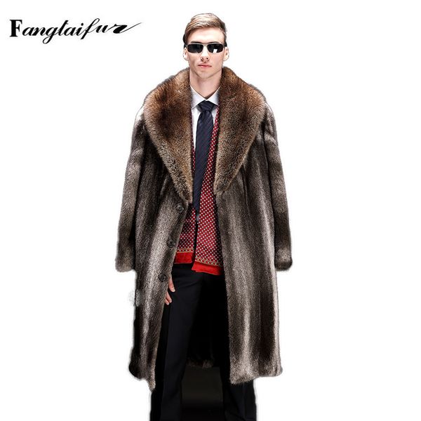 

fang tai fur 2019 winter usa import velvet mink coat turn-down collar mink coats loss men's x-long smart natural real coats, Black