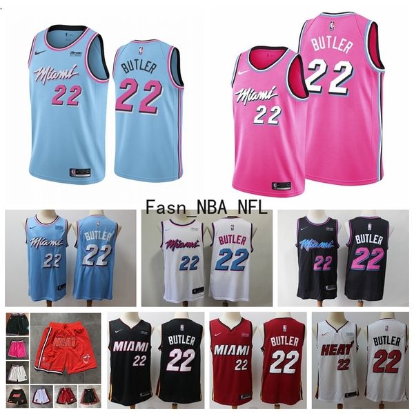 

2020 miami heat jimmy butler 22 finished city edition swingman jersey men's miami heat stitched basketball jersey shorts, Black;red