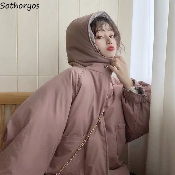 

short parkas women winter hooded polyester-padded reversible thick womens korean style buttons pockets solid fashion puffer chic, Black