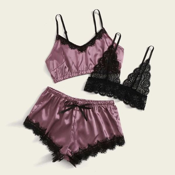 

3pc women lace bra stain silk seamless camisole pajamas sleepwear shorts lingerie set adjusted-straps boyshort woaman sleepwear, Black;red
