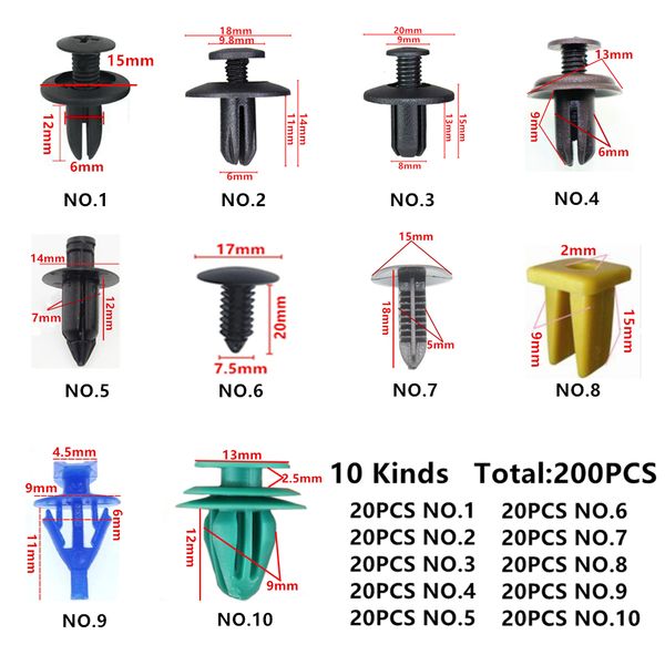 

200pcs universal mixed car bumper fender door panel roof cover plastic fasteners clips for all cars rivet