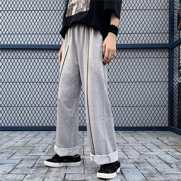 

high waistband loose straight warm sweatpant tracksuit workout style solid fashion contrast streetwear pant harajuku women korea, Black;white