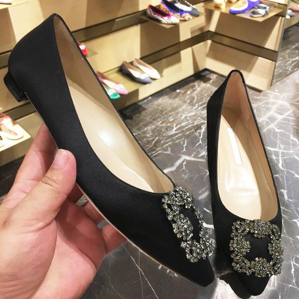

mb classics brand silk women pointed flat shoes wedding shoes square buckle drill red flat with rhinestone 35-41, Black