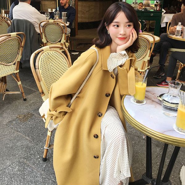 

office lady loose long women wool coat turn-down collar winter jacket single breasted puff sleeve cashmere coat 2018, Black