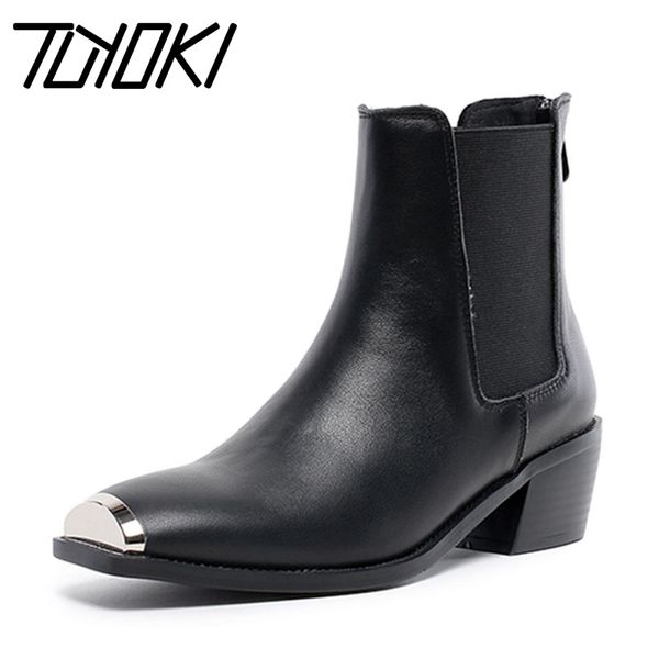 

tuyoki women genuine leather black winter boots square toe ankle boots low heels daily outdoor shoes woman botas size 34-43