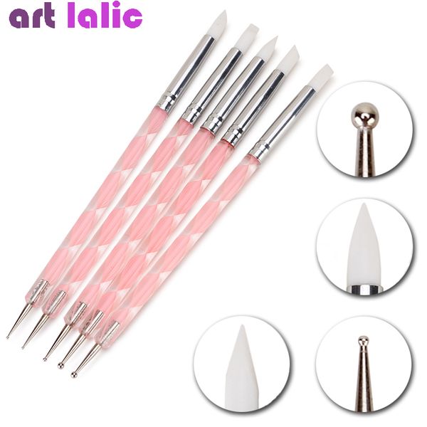 

5pcs 2 way nail art acrylic silicone point flower double head nail pen stainless steel dotting tools marbleizing painting pens, Yellow