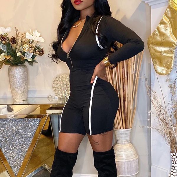 

zipper up fitness jumpsuit women summer 2020 side striped long sleeve bodysuit night party wear outfit overalls mujer, Black;white