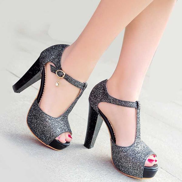 

sarairis new large size 31-43 date wedding women's shoes woman fashion high heels platform t-strap party summer sandals, Black