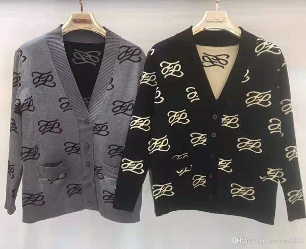 

111 2019 осень бренд тот же стиль топ кардиган v образным вырезом с длинным рукавом кнопка черный серый роскошный цянь, White;black