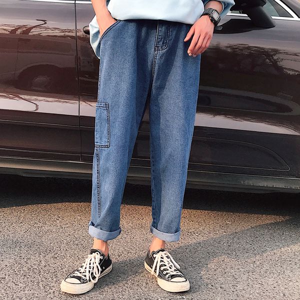 

summer new jeans men fashion retro washed solid color casual denim pants man streetwear wild hip hop loose trousers male clothes, Blue
