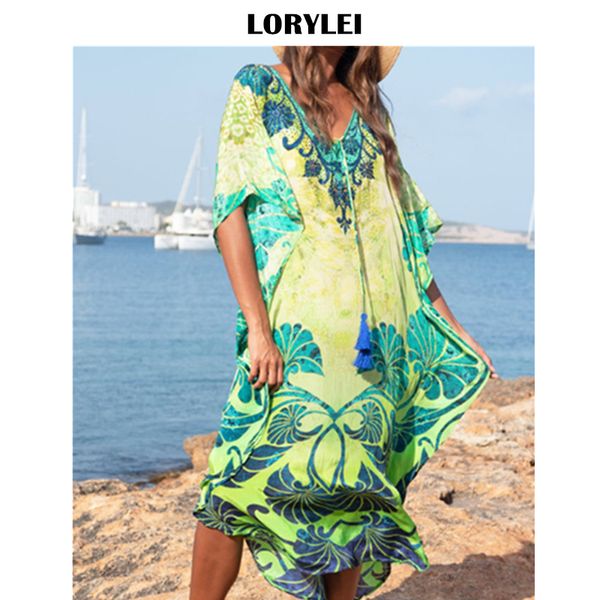

2019 green bohemian printed v-neck loose summer dress robe beach cover-ups cotton tunic women beachwear swimsuit cover up n845, Blue;gray