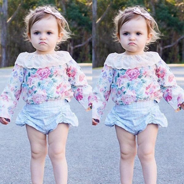 

2019 newborn infant toddler baby girls lace floral t-shirt flower blouse outfits, Blue