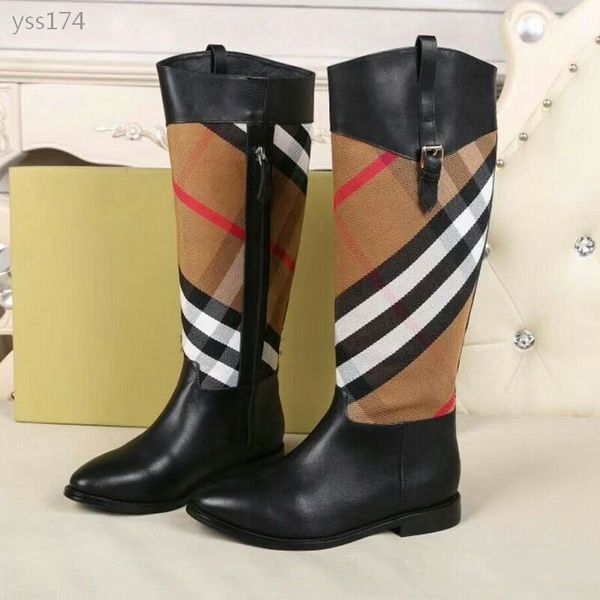 

2020 classic autumn and winter plaid boots women's leather thick heelplus velvet europe and the united states but knee-length long boot, Black