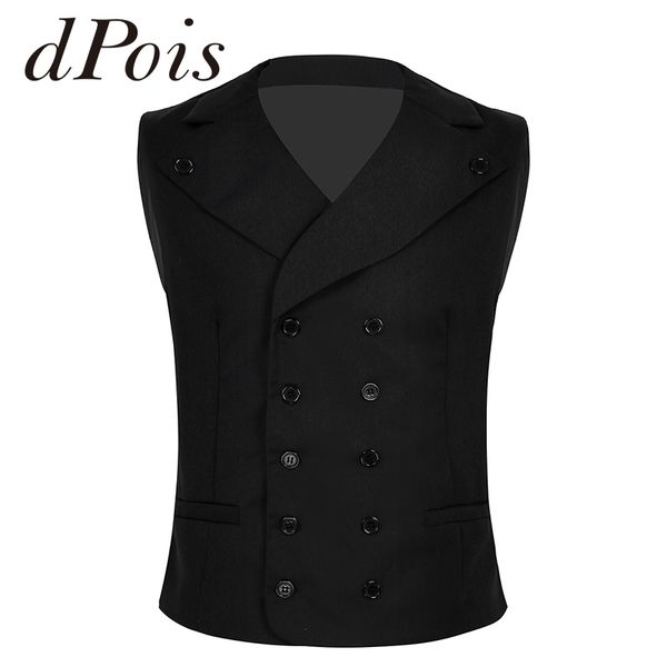 

2019 new men suit vest lapel collar v-neck sleeveless slim fit dress vest double breasted solid formal business dress waistcoat, Black;white