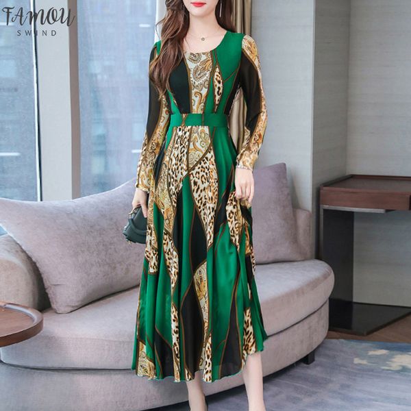 

платье управление леди женщины весна 2020 с длинным рукавом o-образным вырезом элегантные цветочные печати партии вечера платья vestidos, Black;gray