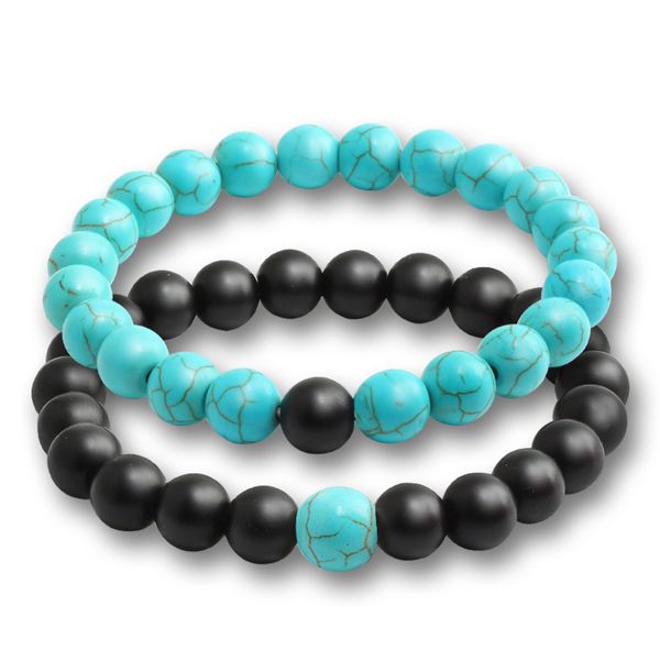 

2pcs/set black and blue distance bracelet for men women natural turquoises stone beads bracelets bangle fit couple jewelry gifts